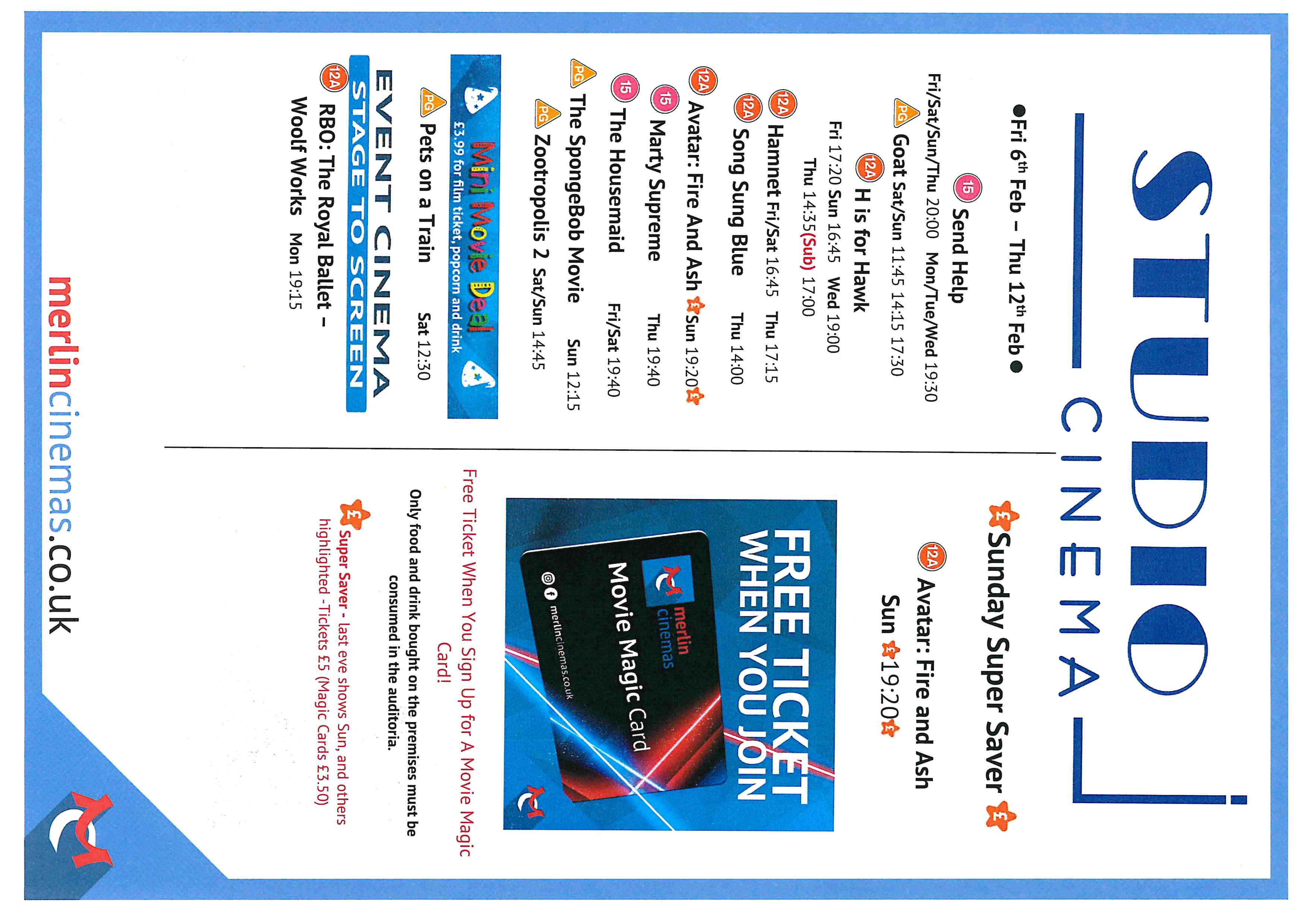 Studio Cinema Listings Fri 6th Feb - Thurs 12th Feb